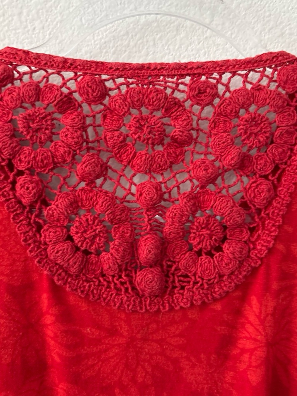 Crochet Lace Fairy Boho Red Lace-Yoke Long Sleeve Knit Top - Picture 3 of 3